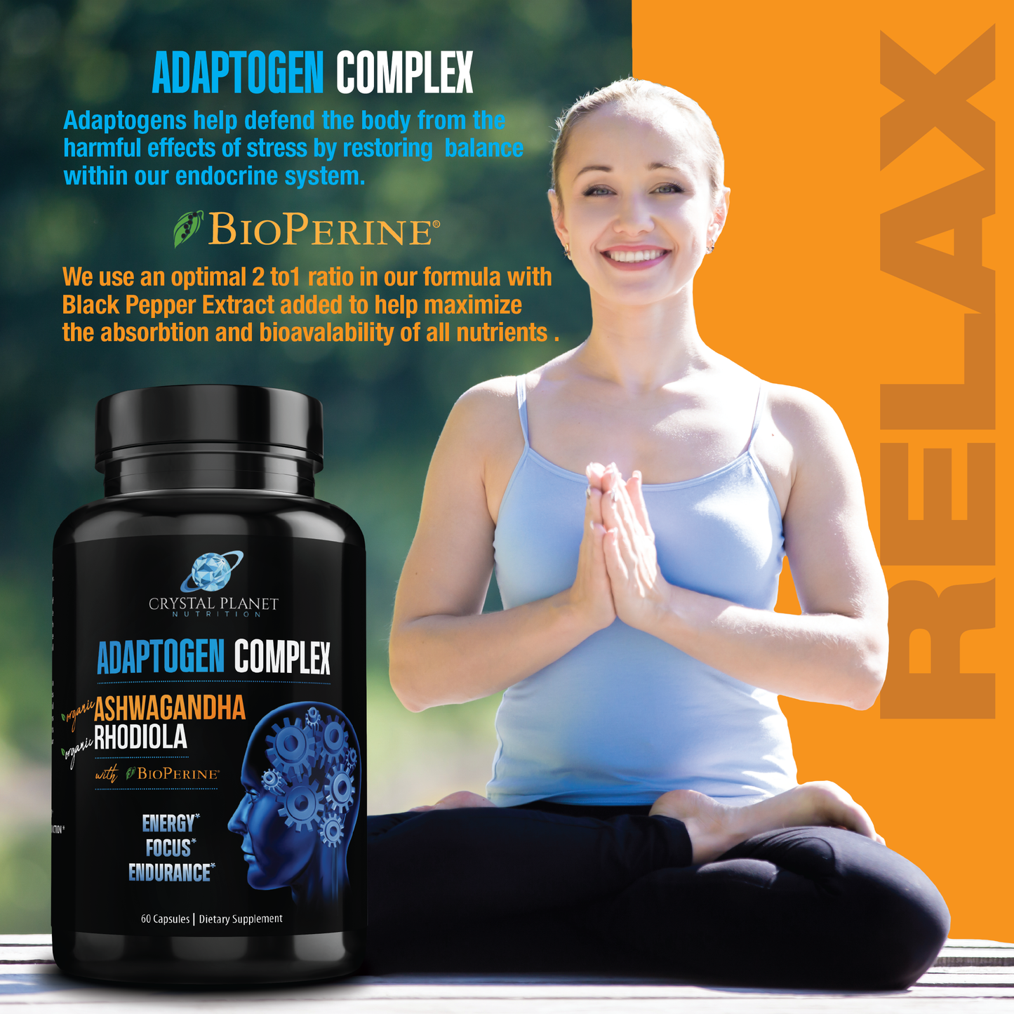 Organic Ashwagandha, Rhodiola Rosea, Black Pepper Extract to Improve Energy and Endurance, Adrenal and Thyroid Support, Anxiety Relief, Mood Enhancer, Cortisol Manager & Sleeping Support 60 Capsules