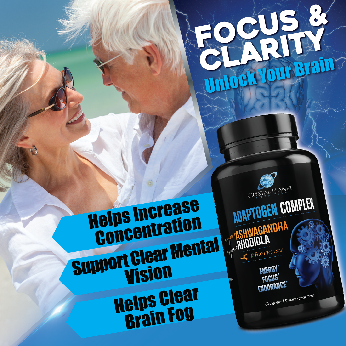 Organic Ashwagandha, Rhodiola Rosea, Black Pepper Extract to Improve Energy and Endurance, Adrenal and Thyroid Support, Anxiety Relief, Mood Enhancer, Cortisol Manager & Sleeping Support 60 Capsules