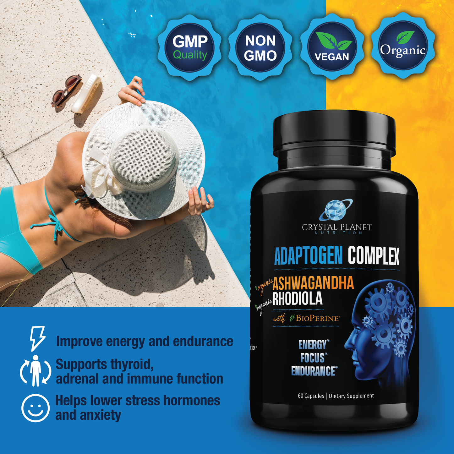 Organic Ashwagandha, Rhodiola Rosea, Black Pepper Extract to Improve Energy and Endurance, Adrenal and Thyroid Support, Anxiety Relief, Mood Enhancer, Cortisol Manager & Sleeping Support 60 Capsules